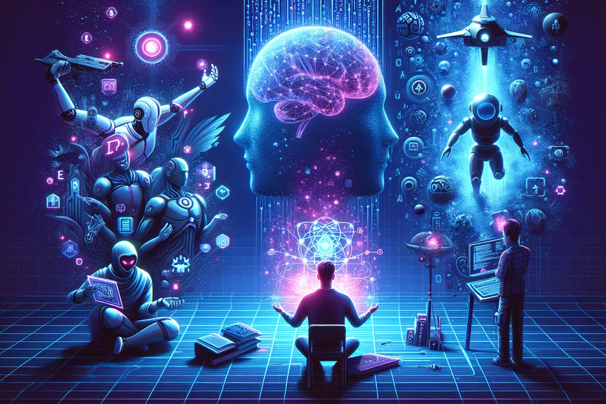 Une équipe de création de jeu vidéo compare des croquis humains et des mondes virtuels générés par IA.