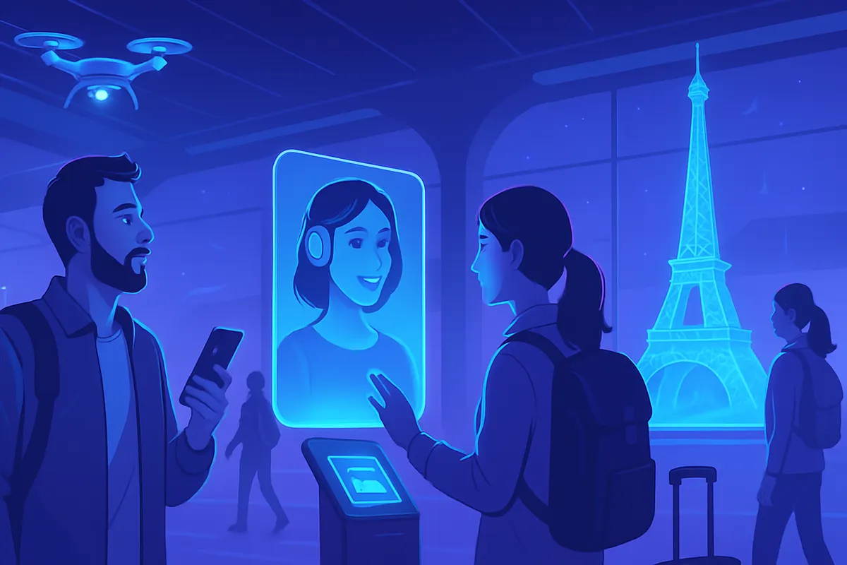 Une voyageuse compare sur son téléphone des suggestions d’itinéraire et d’activités locales personnalisées par IA.