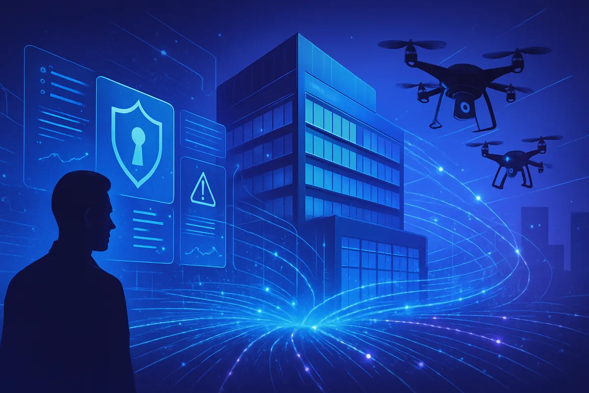Technicien équipé près d’une infrastructure, drone d’inspection et modèle 3D de sécurité sur tablette