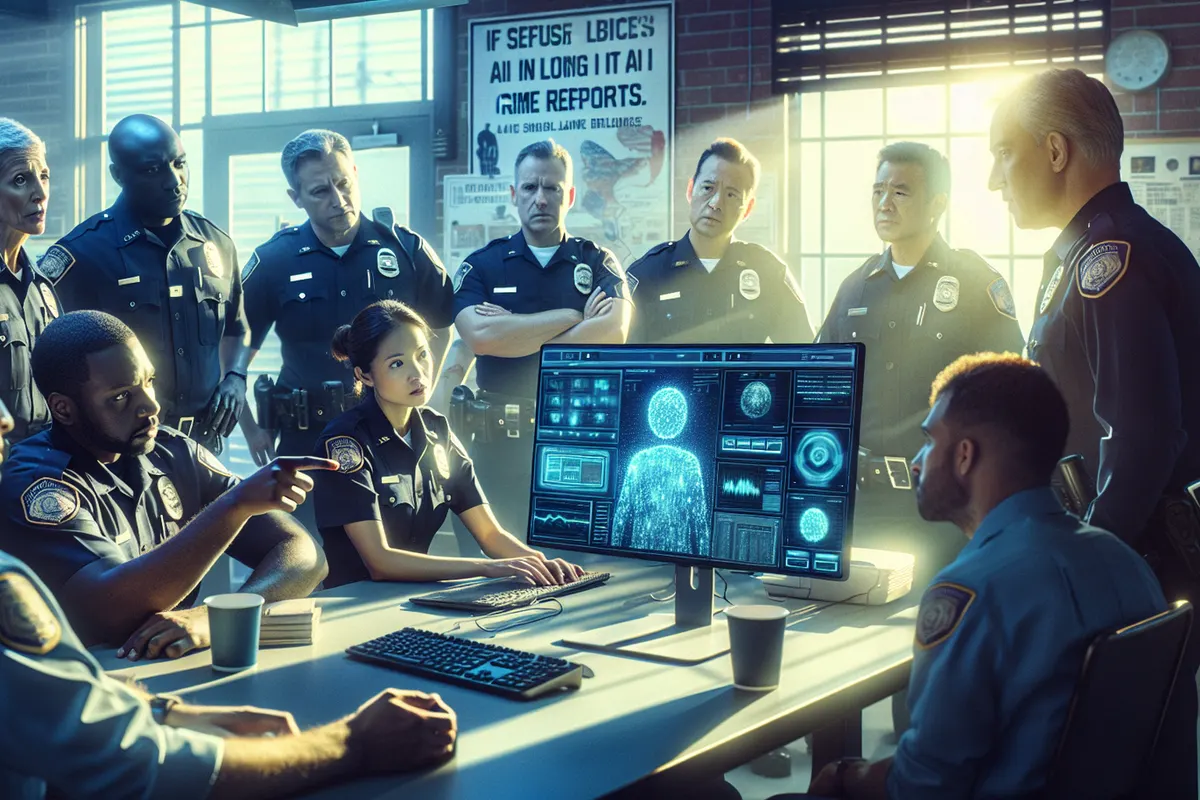 Un policier vérifie sur ordinateur un brouillon de rapport assisté par intelligence artificielle.