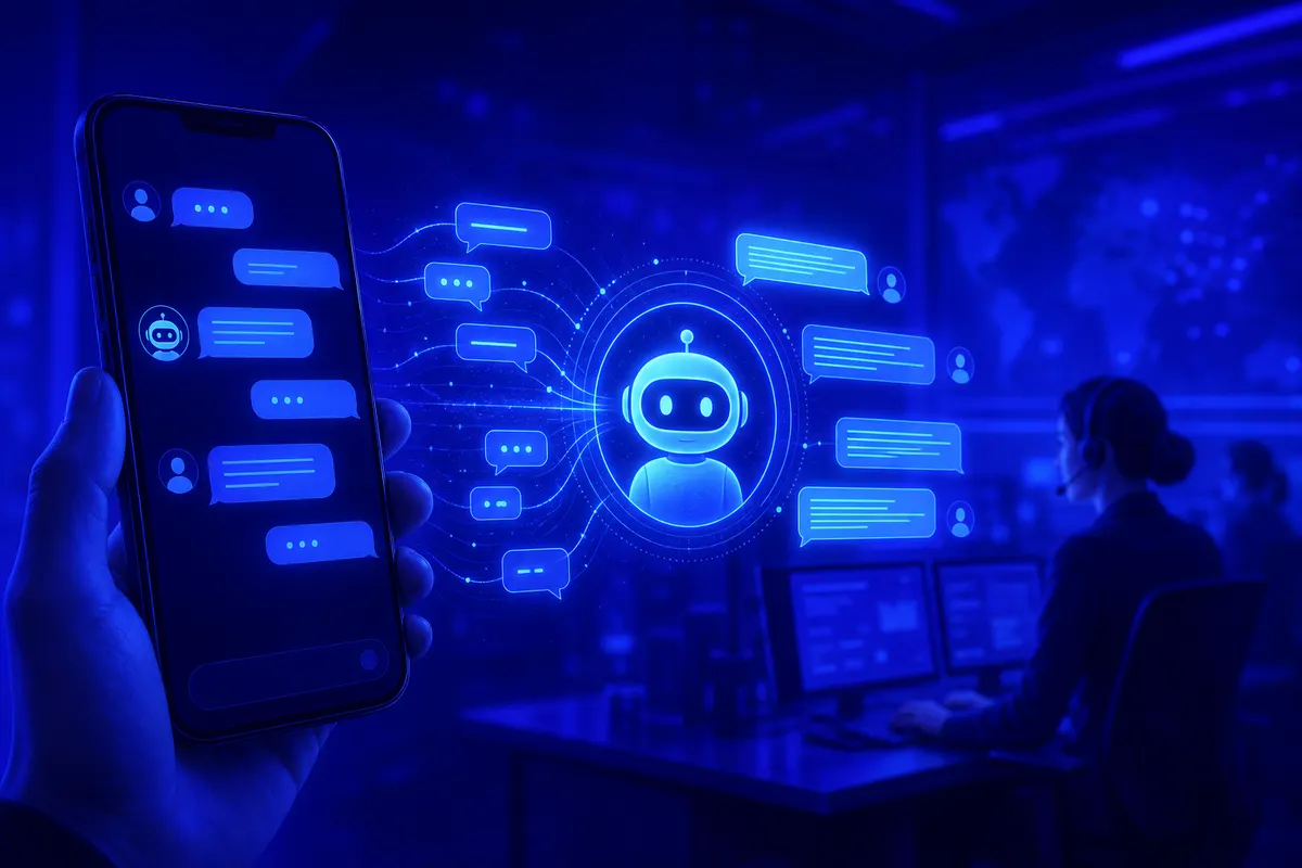 Une utilisatrice échange avec un chatbot, entre messages brefs et demande plus détaillée sur son téléphone.