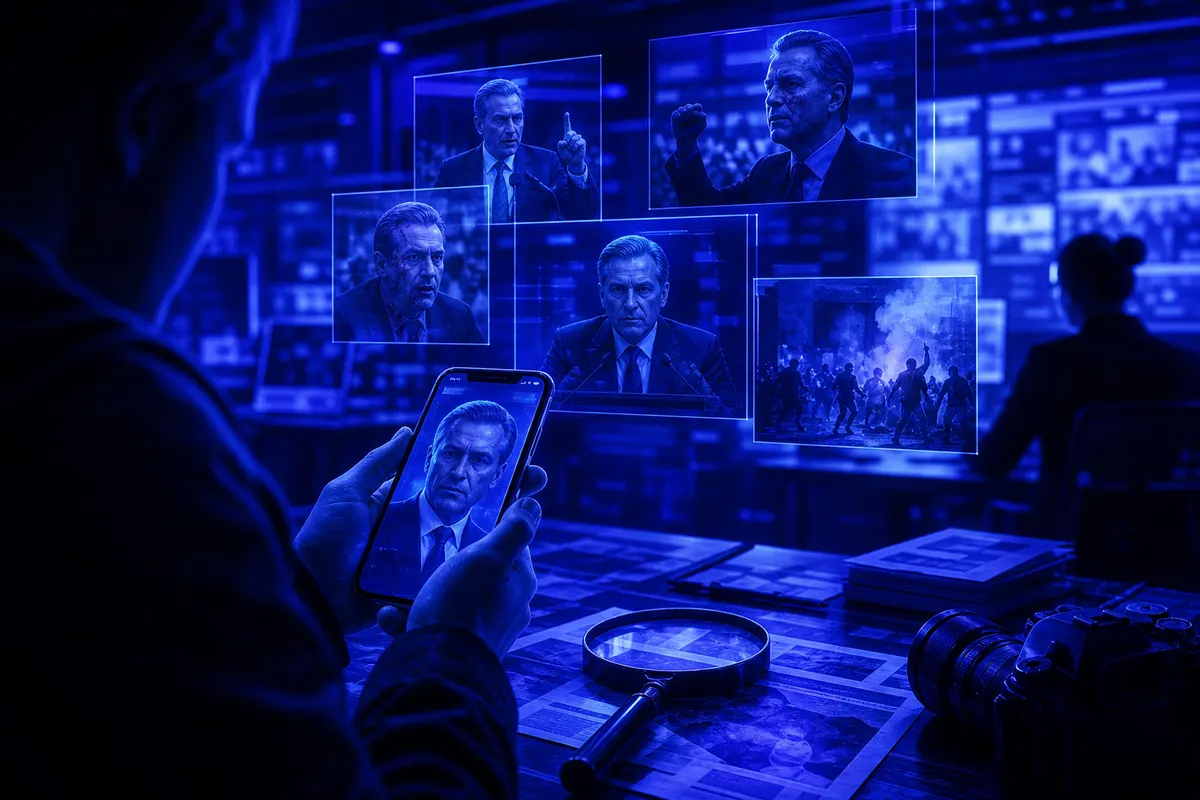Une personne vérifie sur son téléphone des images de guerre possiblement générées par intelligence artificielle.