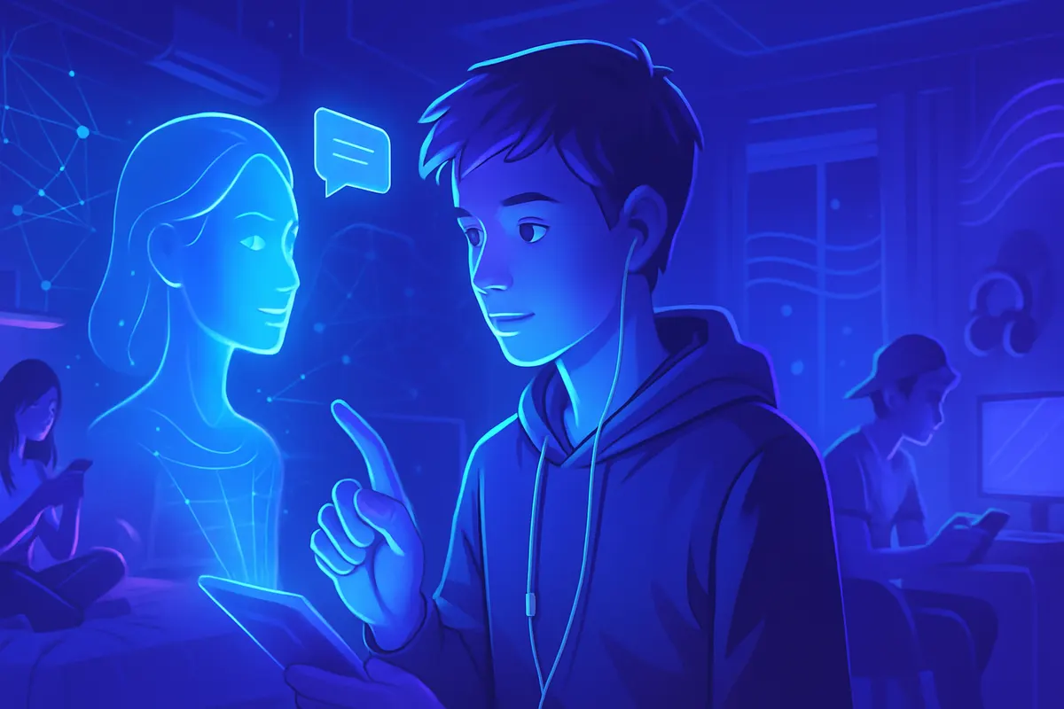 Un adolescent réfléchit devant son téléphone, face à une interface de conversation avec une IA.