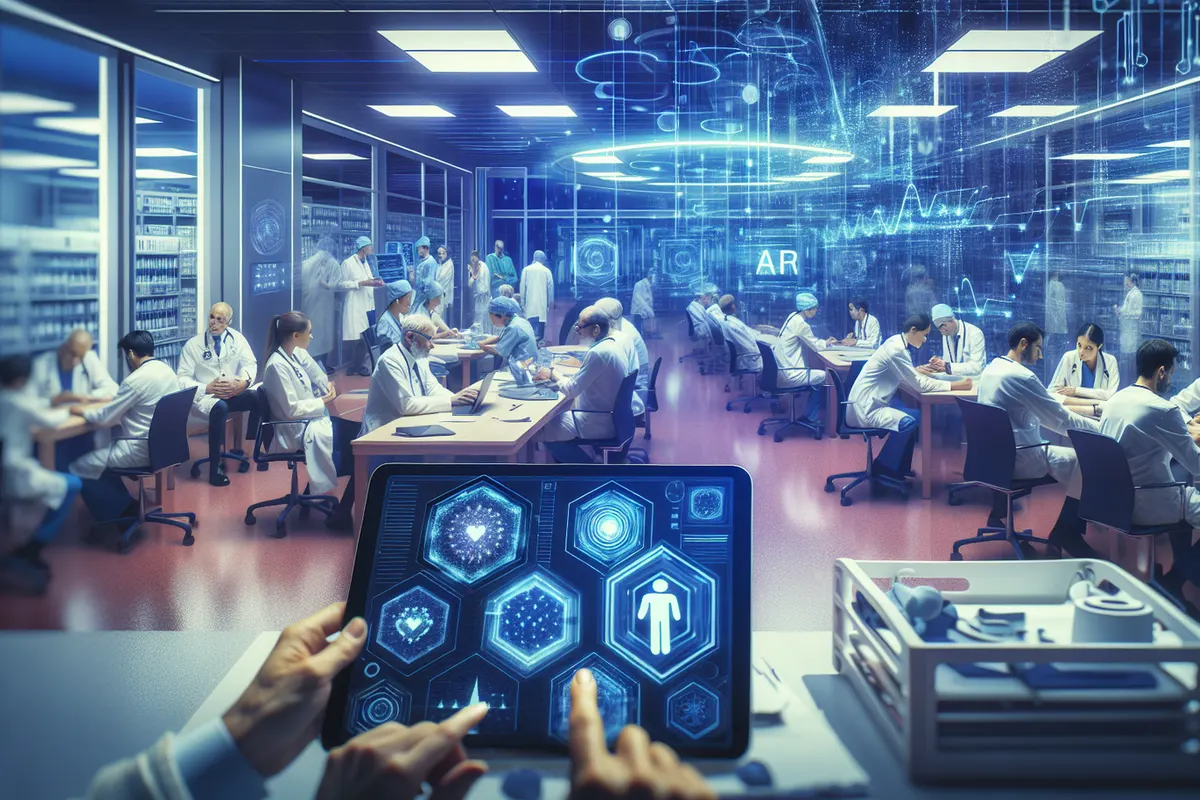 Deux soignants évaluent des outils algorithmiques et un score de risque dans un environnement hospitalier.