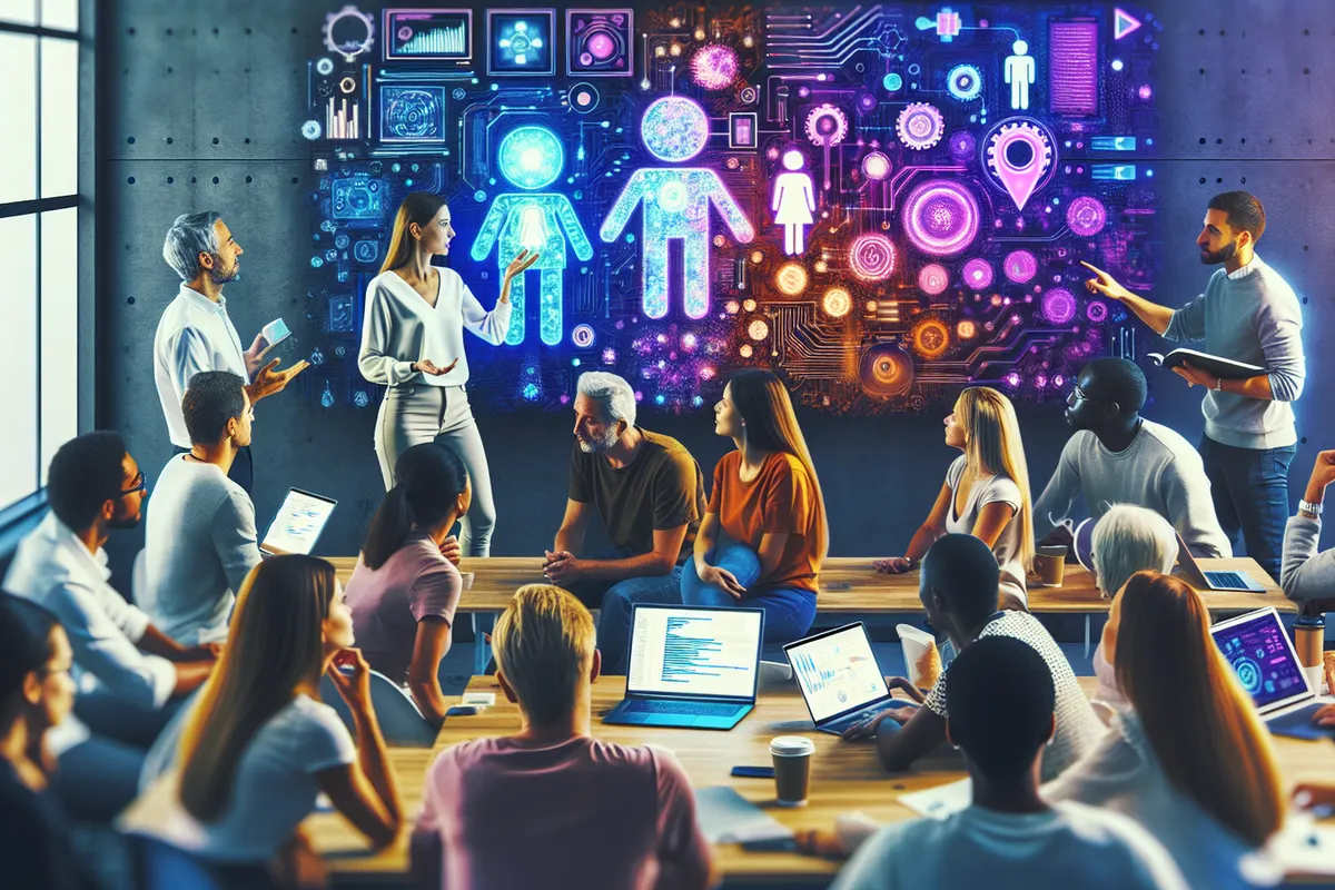 Une enseignante et un professionnel RH analysent avec deux personnes des parcours de compétences sur ordinateur.