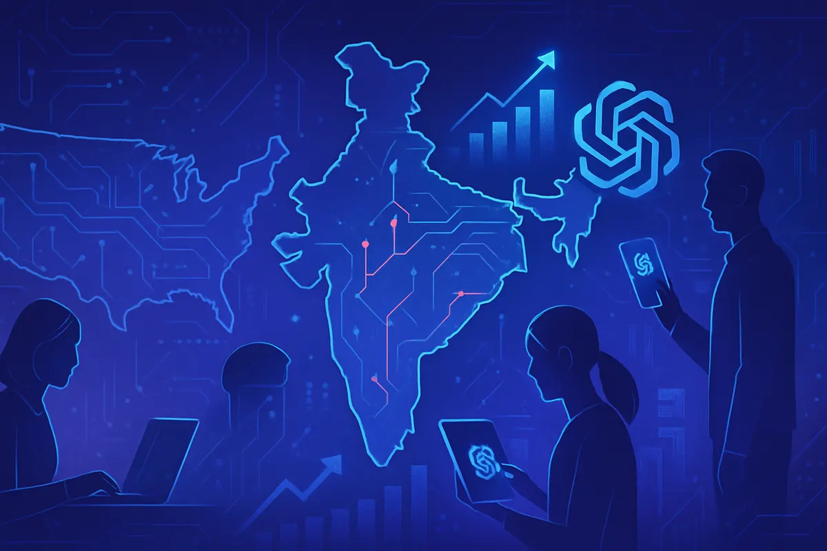 Utilisateurs et développeurs indiens travaillant avec des assistants d’intelligence artificielle sur ordinateurs et mobiles.