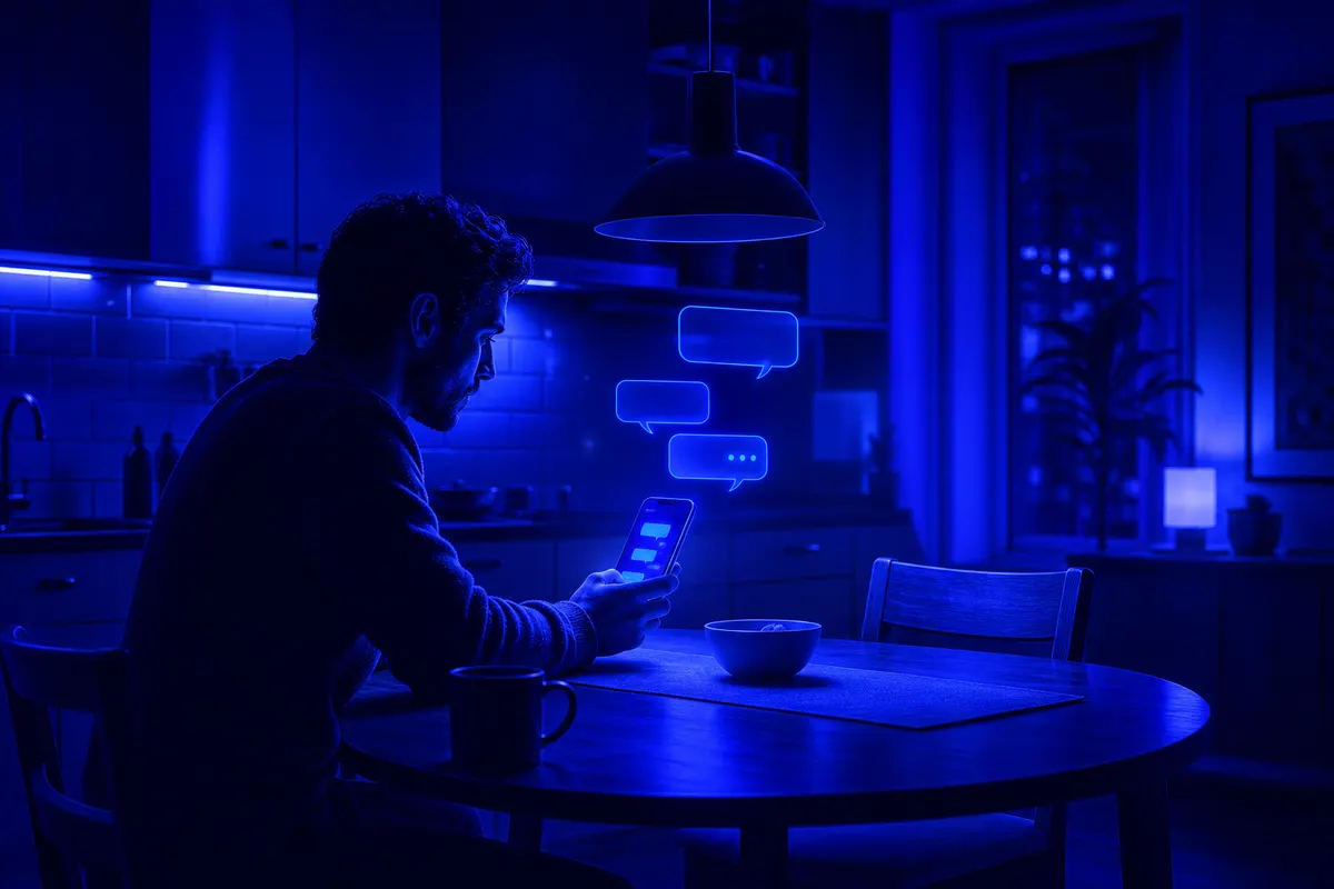 Une adulte échange avec un assistant conversationnel sur son téléphone, seule à une table.
