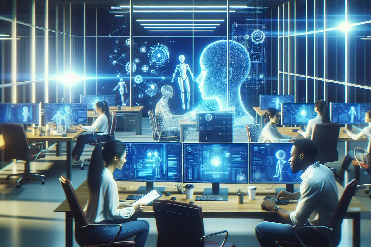 Des salariés collaborent au bureau en vérifiant les résultats d’un assistant d’intelligence artificielle.