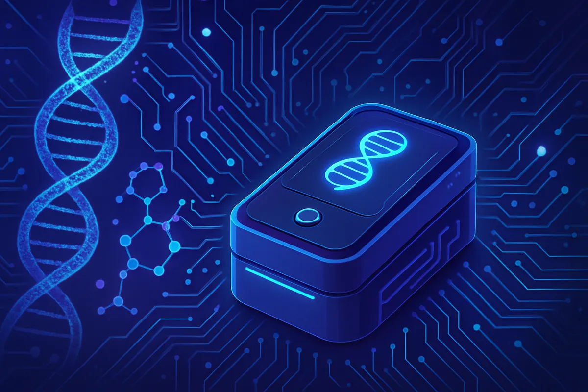 Représentation d’une enzyme compacte guidée par ARN acheminée vers des cellules pour modifier un gène.
