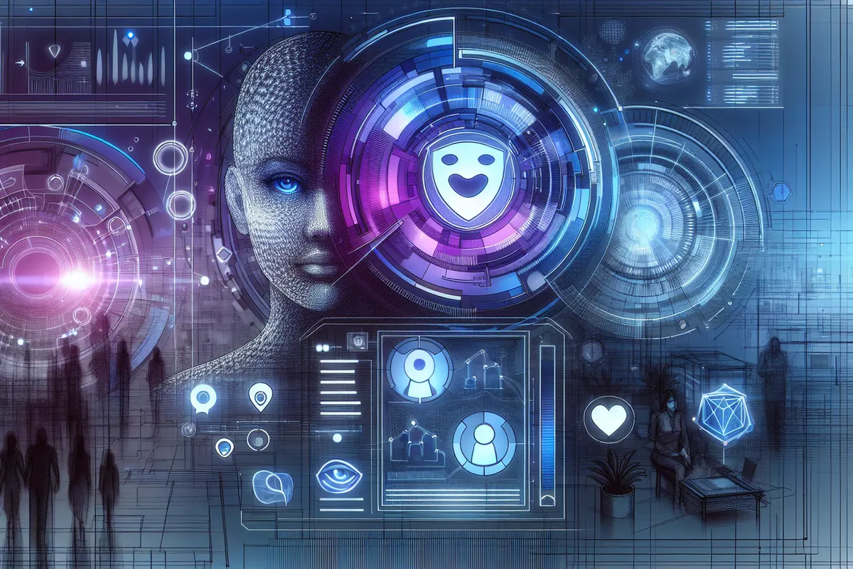 Une fonctionnaire devant sa messagerie, tandis qu’une interface d’IA analyse des échanges professionnels.