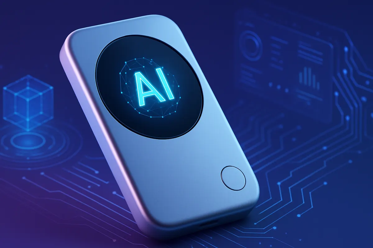 Un appareil personnel d’IA compact posé près d’un smartphone et d’un ordinateur portable.