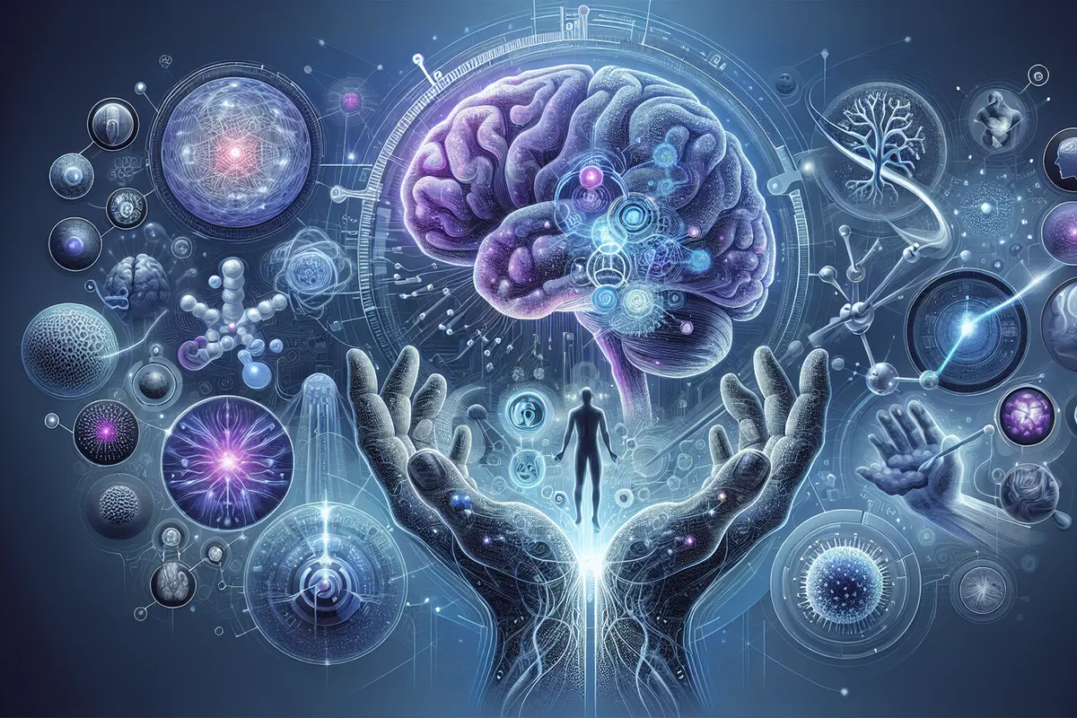 Des chercheurs étudient des images cérébrales et un capteur neuronal près d’une prothèse de main.