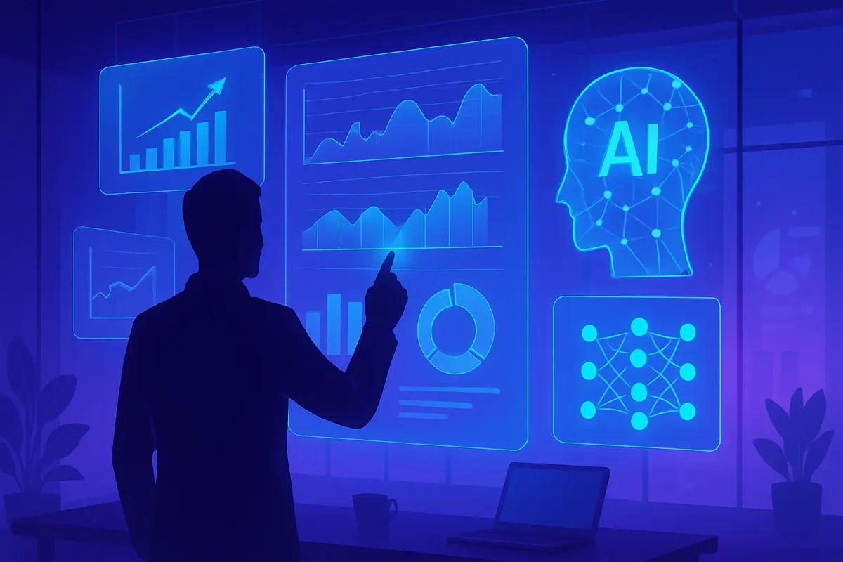Une équipe en réunion analyse un projet d’IA, des données métier et des indicateurs de performance.