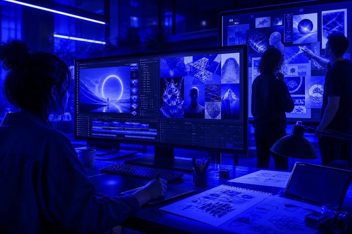 Créatrice utilisant un tableau d’inspiration et des outils d’IA générative dans un studio collaboratif