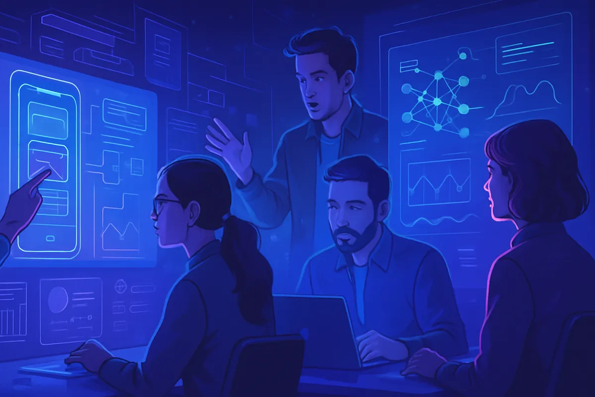 Une équipe produit analyse des prototypes d’interface et des résultats générés par une IA sur un écran partagé.
