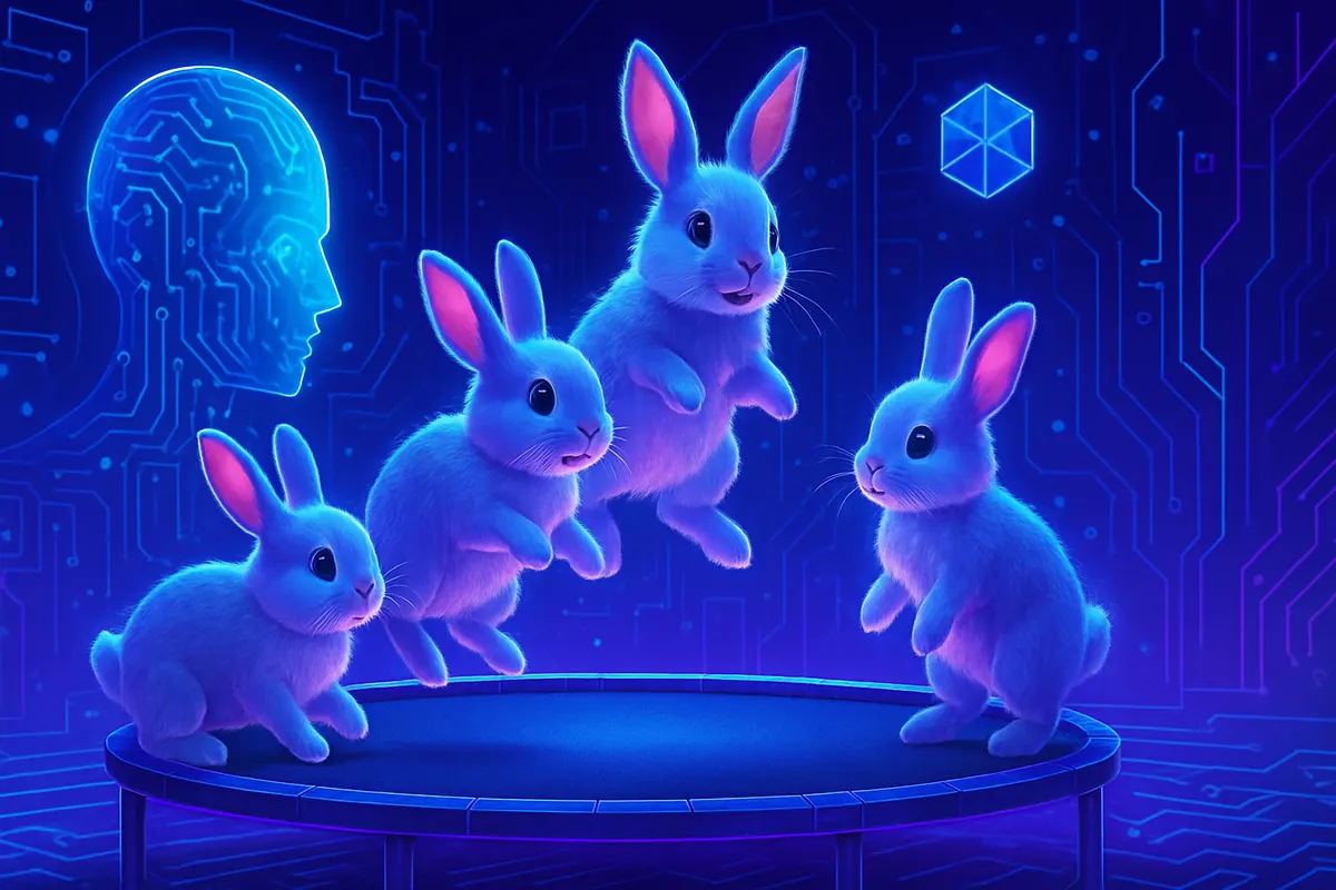 Des lapins sautent sur un trampoline dans un jardin, filmés comme par une caméra de surveillance.