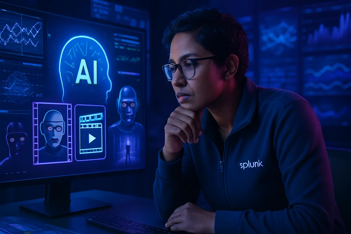 Des analystes supervisent un système d’IA tandis qu’une silhouette de robot rappelle la fiction au cinéma.