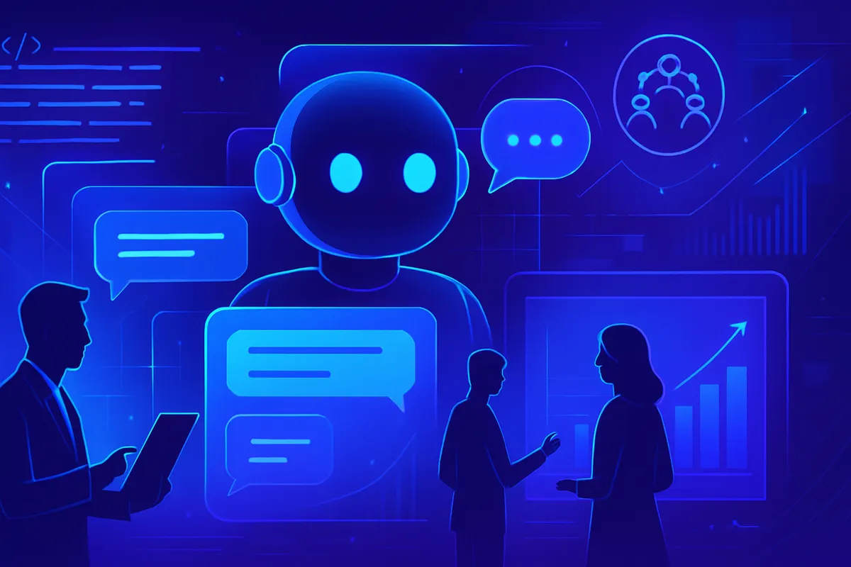 Conseiller client utilisant une interface d’IA conversationnelle pour suivre et résumer les échanges clients.