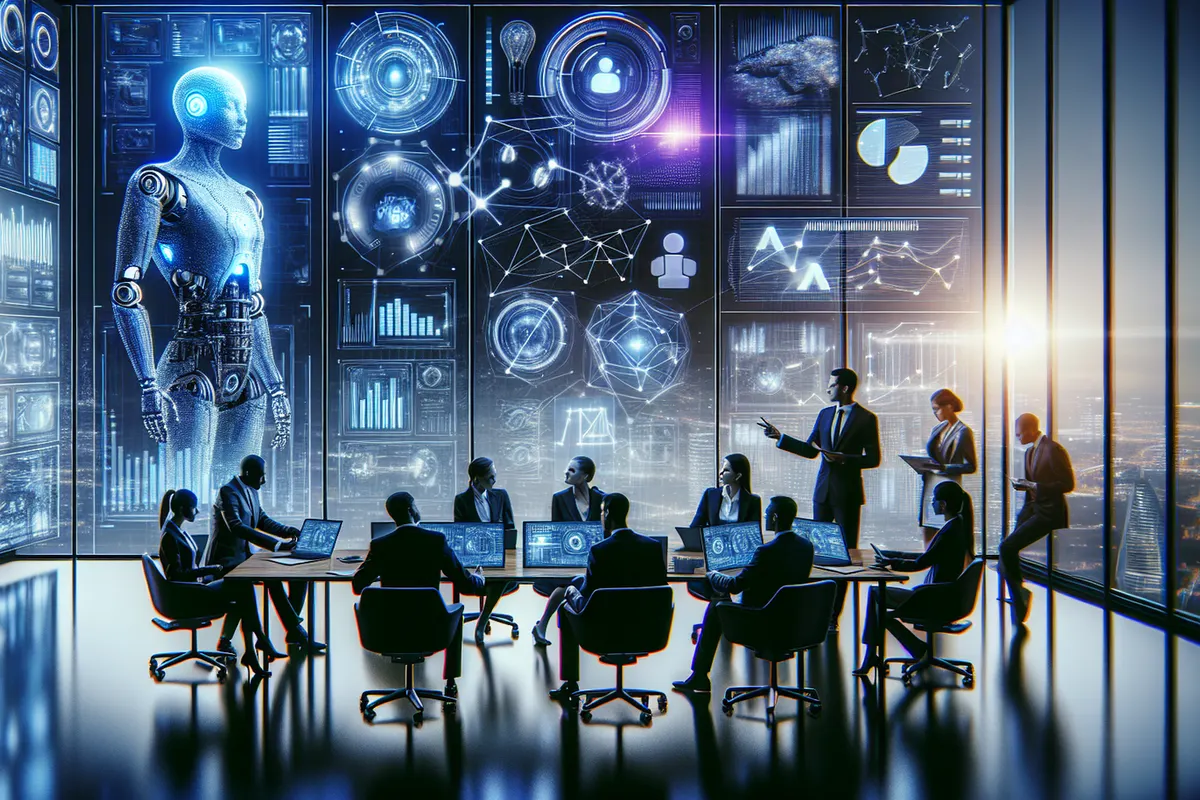 Consultants et dirigeants analysant des données d’entreprise avec un outil d’intelligence artificielle.
