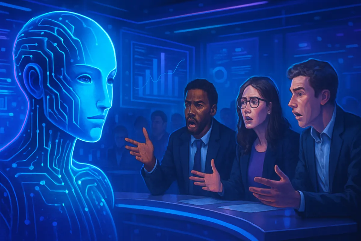 Débat entre deux personnes face à un ordinateur illustrant la persuasion personnalisée par intelligence artificielle.