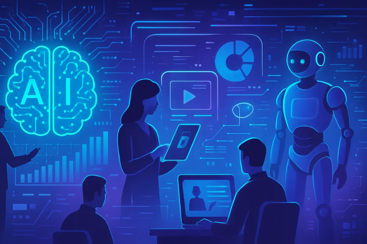 Des salariés suivent une formation à l’intelligence artificielle dans une salle de réunion.
