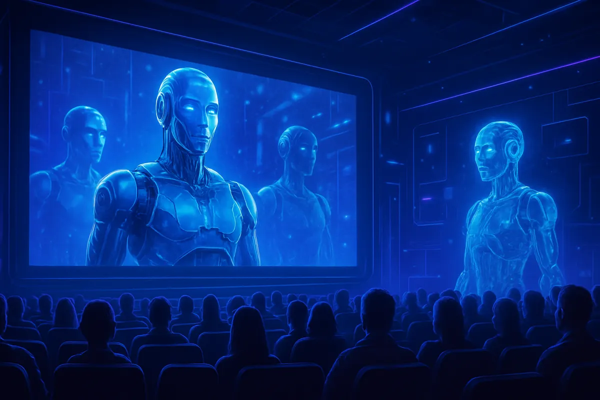 Deux professionnels du cinéma travaillent sur des images et effets visuels assistés par intelligence artificielle.