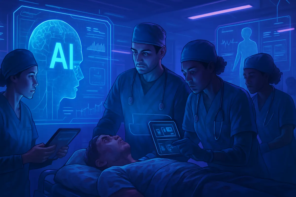 Une équipe des urgences examine un patient tandis qu’un écran d’aide à la décision affiche des données cliniques.