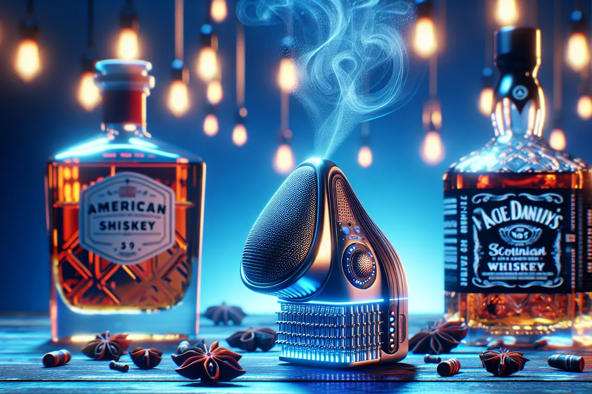 Échantillons de whisky analysés dans un laboratoire par un dispositif de détection chimique assisté par IA.