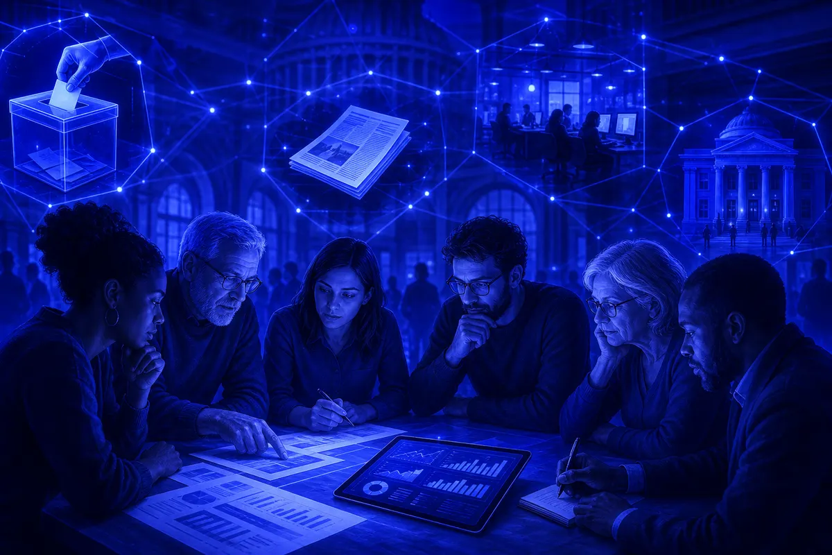Des citoyens examinent des informations numériques et des documents autour d’une table de débat public.