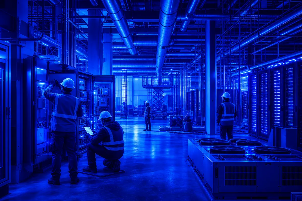 Techniciens inspectant des systèmes de climatisation et des équipements industriels dans un grand bâtiment.