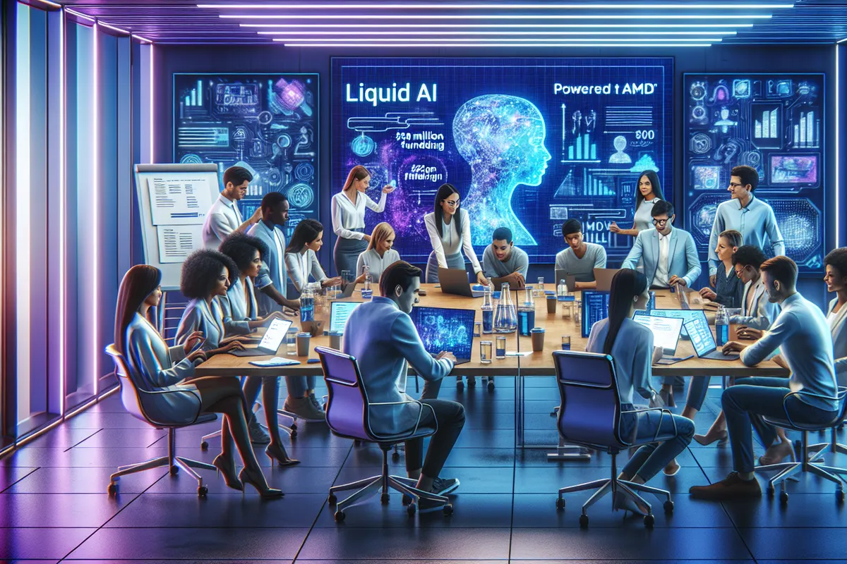Des chercheurs en IA travaillent près de serveurs et de visualisations de réseaux de neurones liquides.