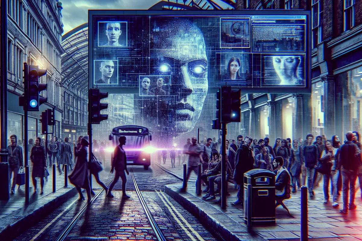 Des passants anonymes dans une rue de Londres sous des caméras de surveillance et une analyse faciale.