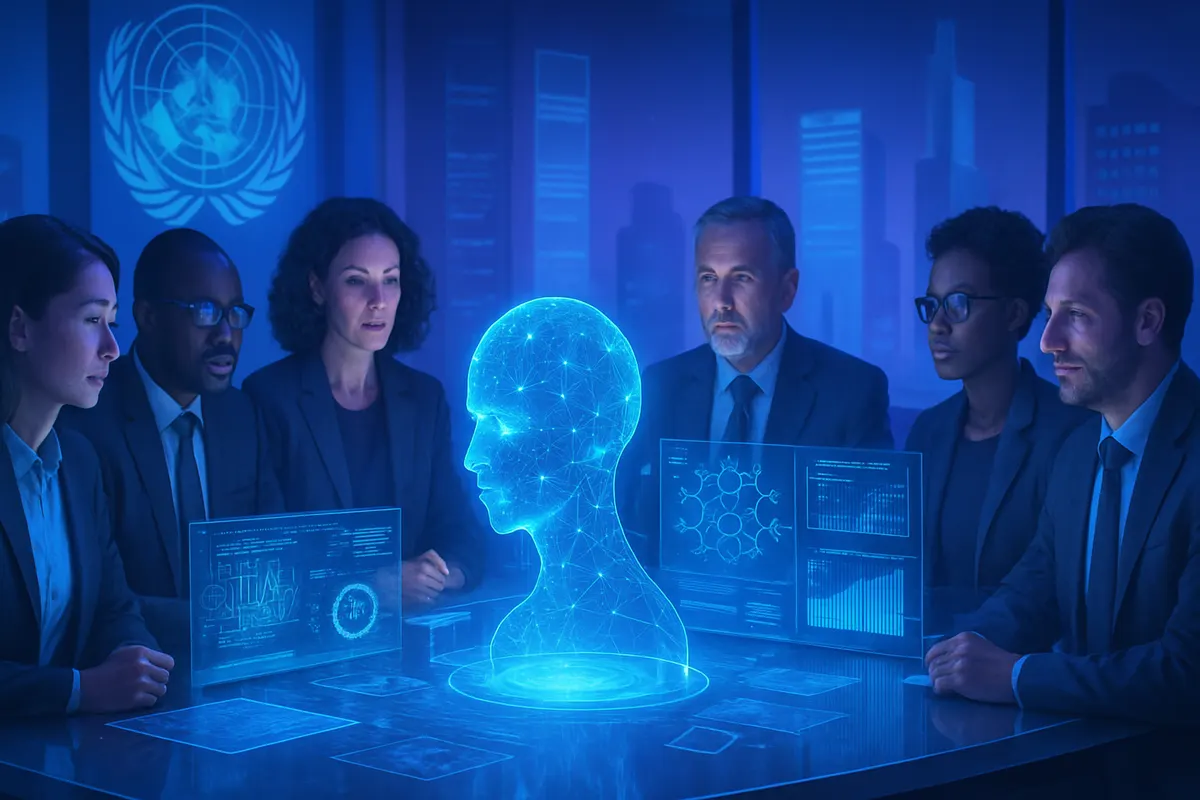 Des experts internationaux examinent des données sur l’intelligence artificielle dans une salle d’assemblée.