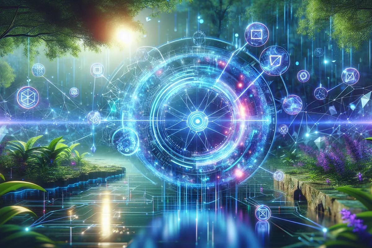 Schéma illustré d’un oracle IA reliant des données web à des validateurs blockchain pour une application décentralisée.
