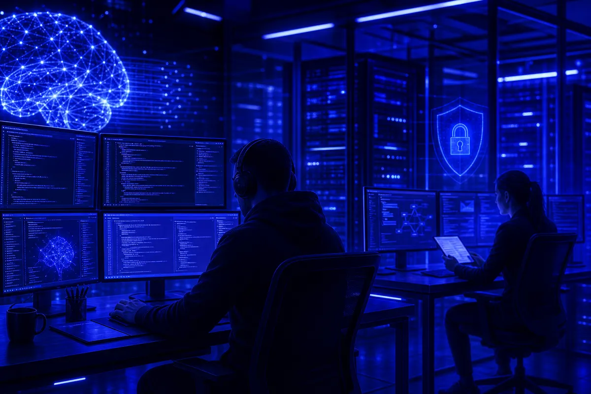 Un développeur et un analyste vérifient du code généré par IA dans un environnement sécurisé.