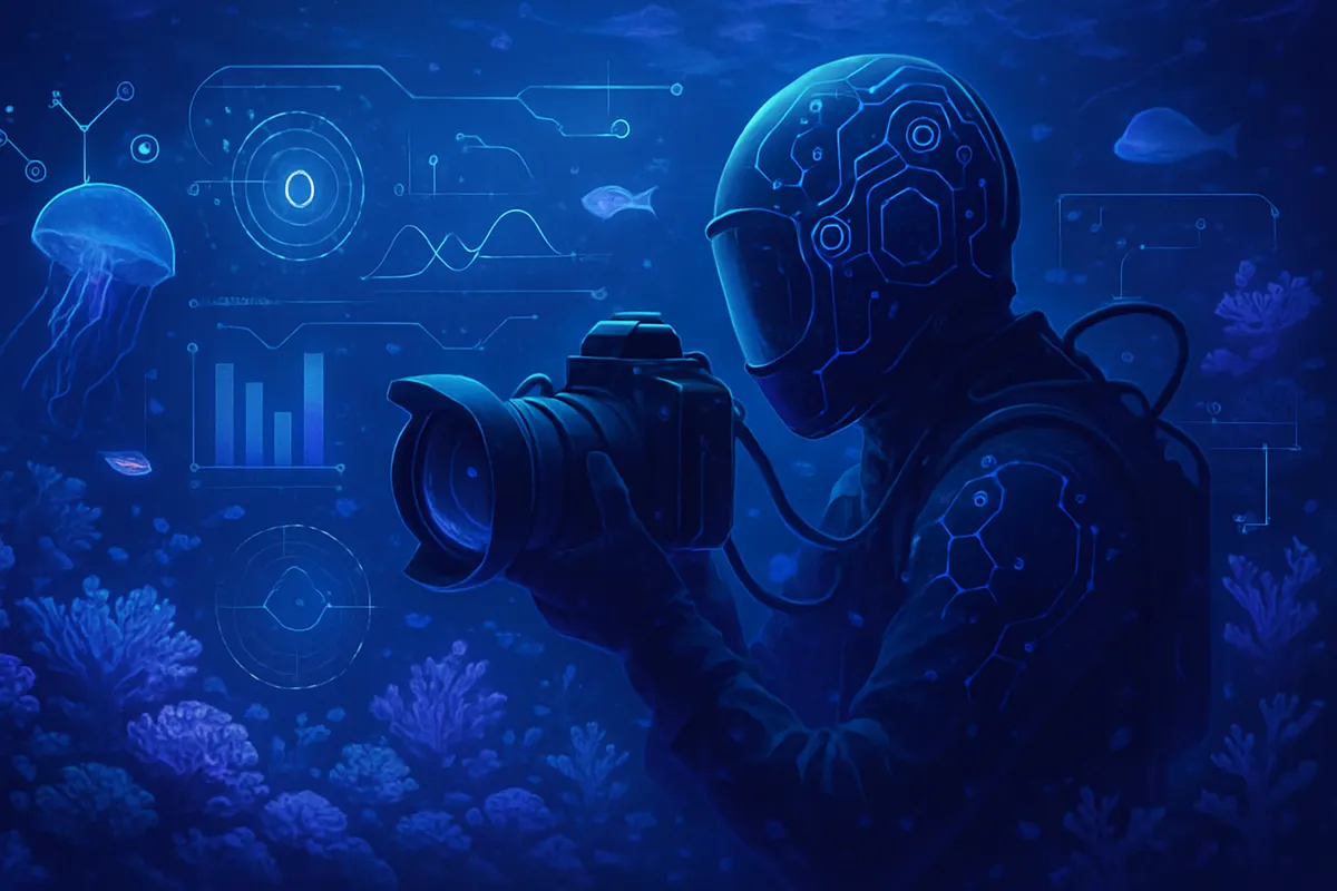 Photographe sous-marin documentant la biodiversité d’un fond marin côtier pour un projet d’IA.