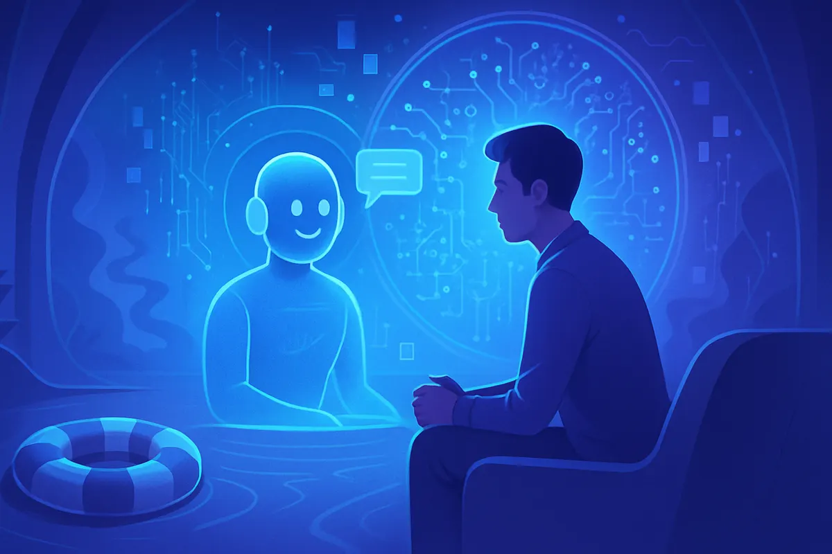 Une personne hésite devant un chatbot sur son téléphone, avec un carnet ouvert posé sur la table.