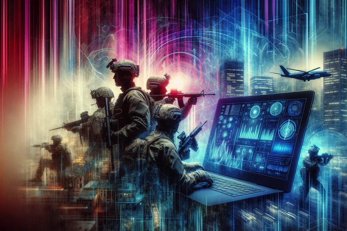Analystes militaires examinant des images satellitaires et des données de renseignement sur écrans.