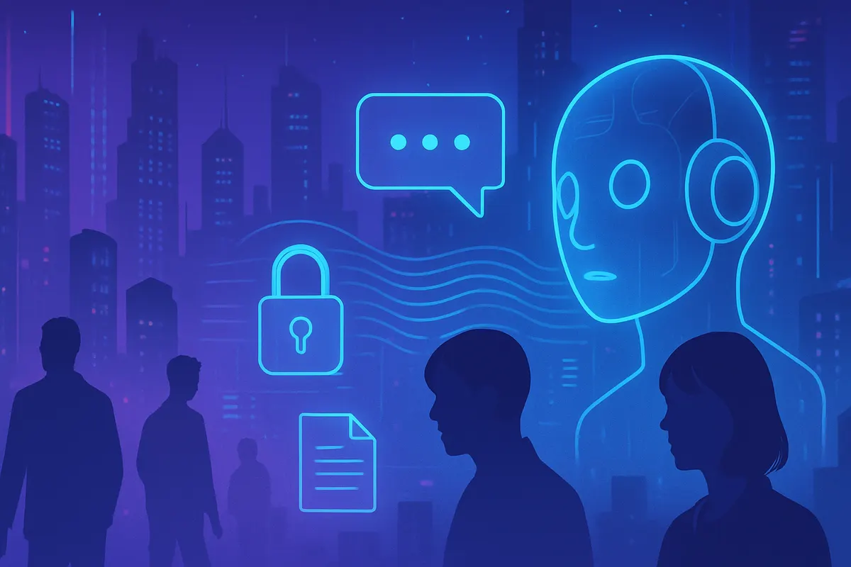 Une personne échange avec un chatbot sur un ordinateur, tandis que des données personnelles circulent autour de l’écran.