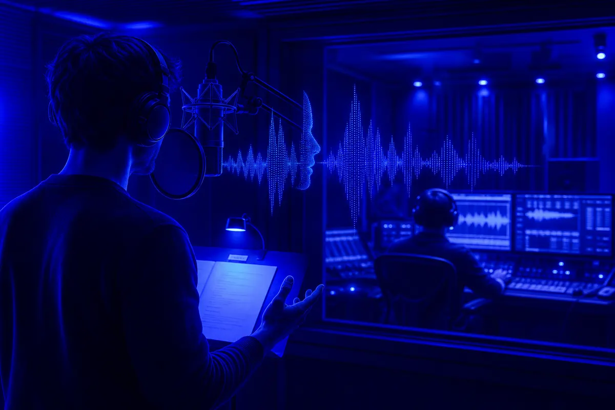 Comédienne de doublage en studio face à un microphone, avec des ondes vocales numériques en arrière-plan