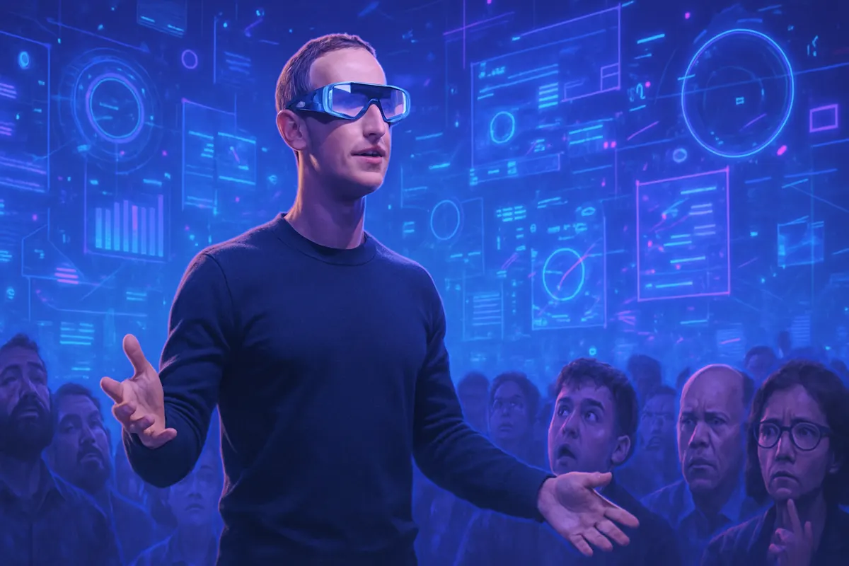 Présentation de lunettes connectées avec assistant IA et bracelet de contrôle sur une scène technologique.
