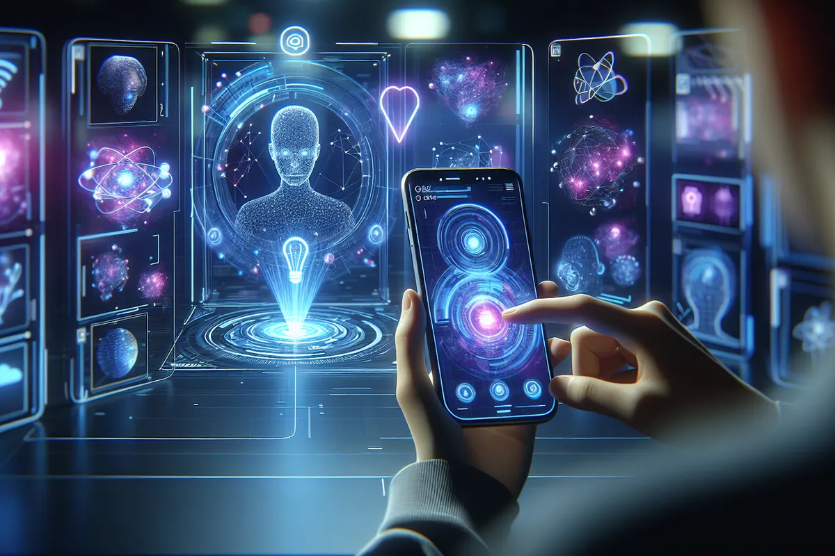 Une personne utilise un assistant IA vocal sur smartphone, avec un fil social de créations générées.