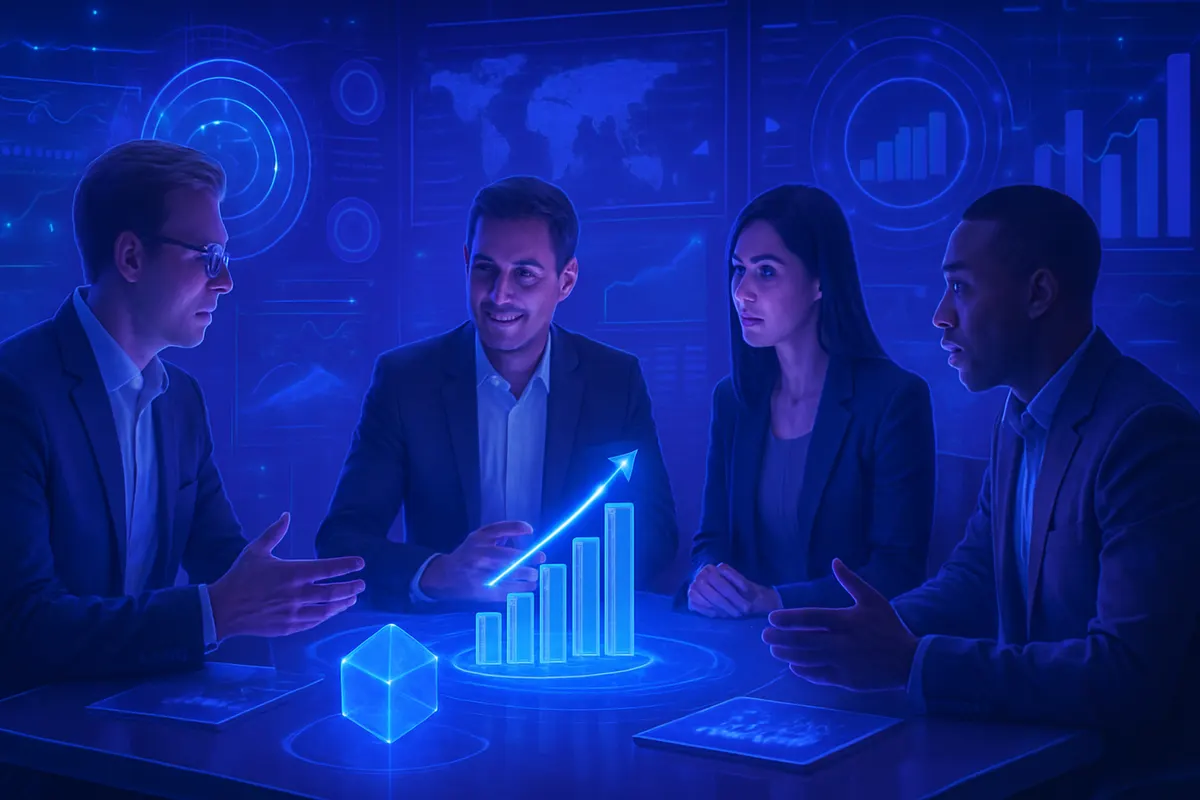 Des spécialistes analysent et annotent des données d’IA tandis que des dirigeants discutent d’un investissement.