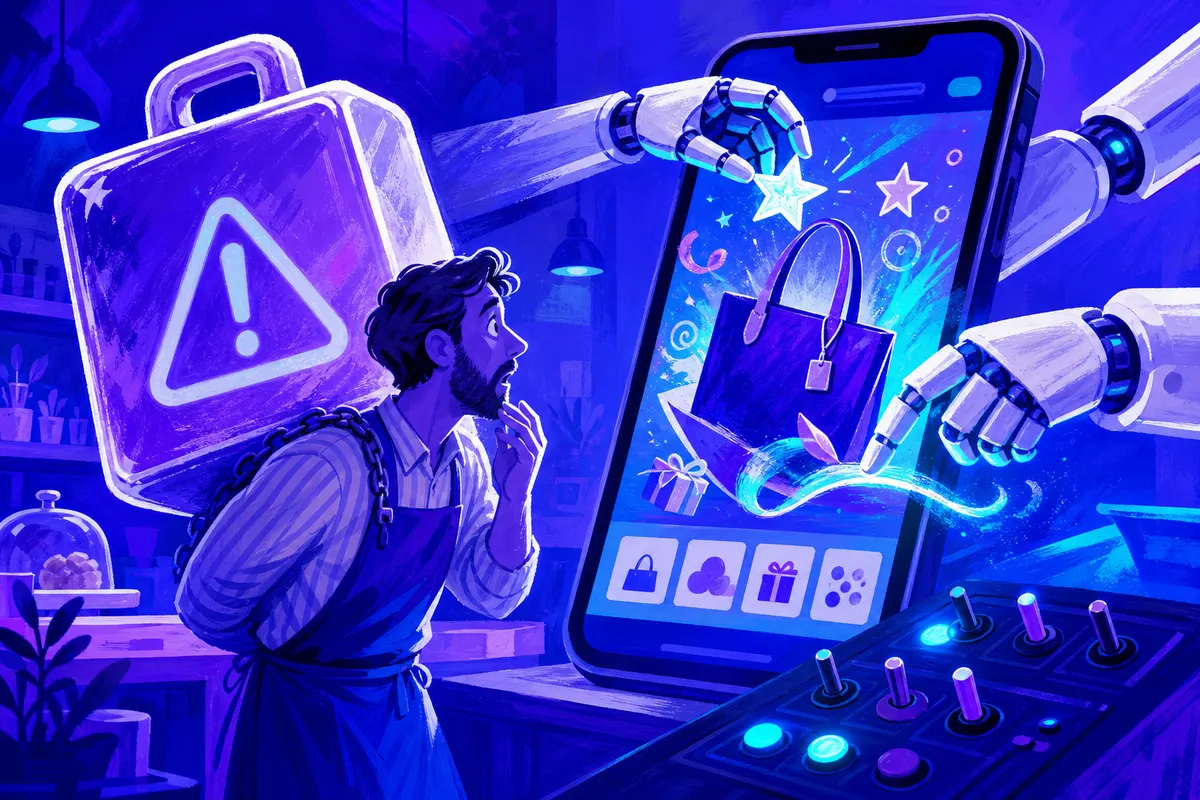 Illustration d’un commerçant surpris face à sa publicité modifiée par des mains robotiques, un poids sur les épaules