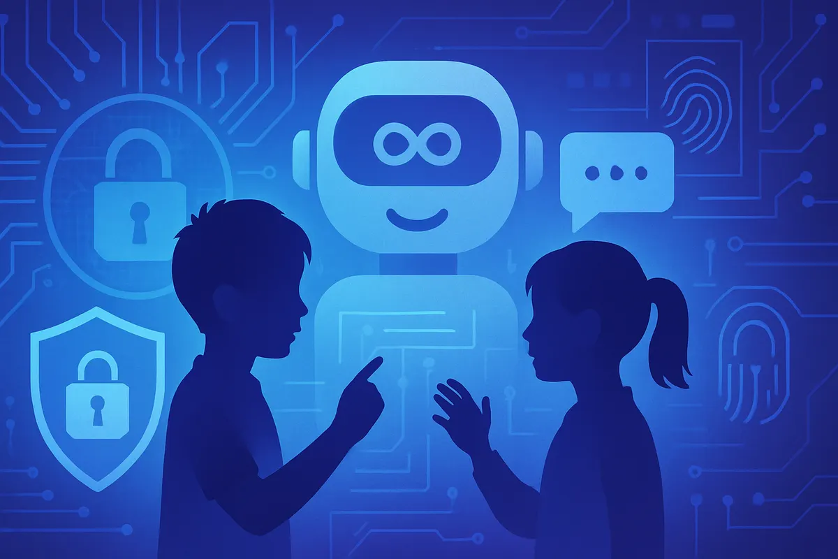 Un adolescent consulte un chatbot sur son téléphone tandis qu’un adulte veille à la sécurité numérique.