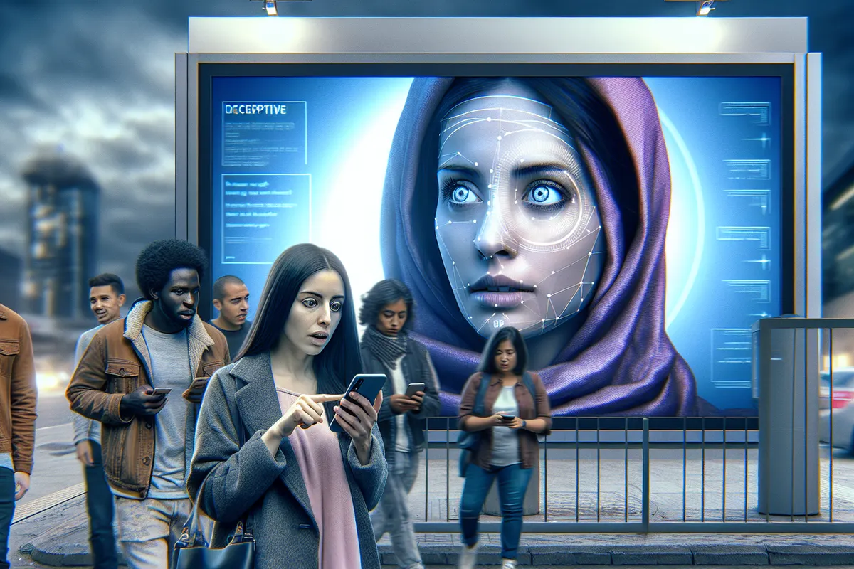 Un analyste examine des publicités suspectes et un outil de détection d’usurpation de visage.