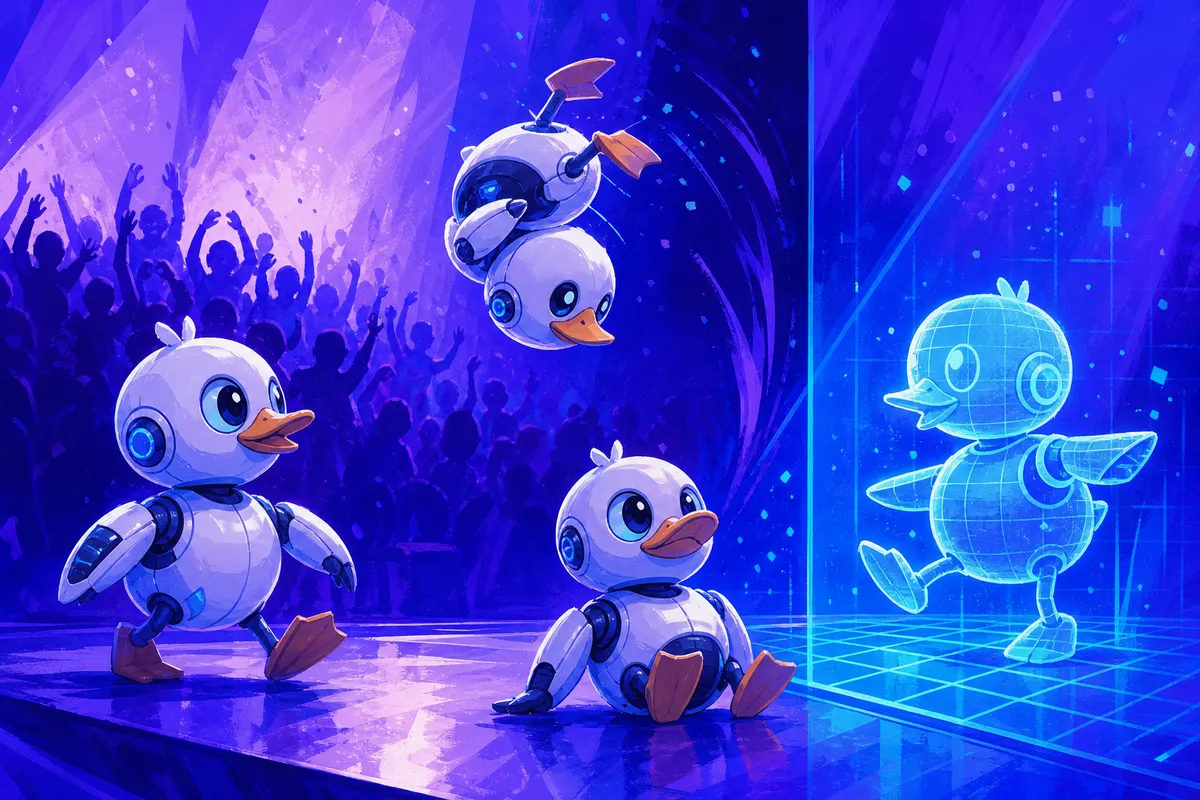 Illustration de petits robots canards qui marchent et font un salto, à côté de leur double en simulation