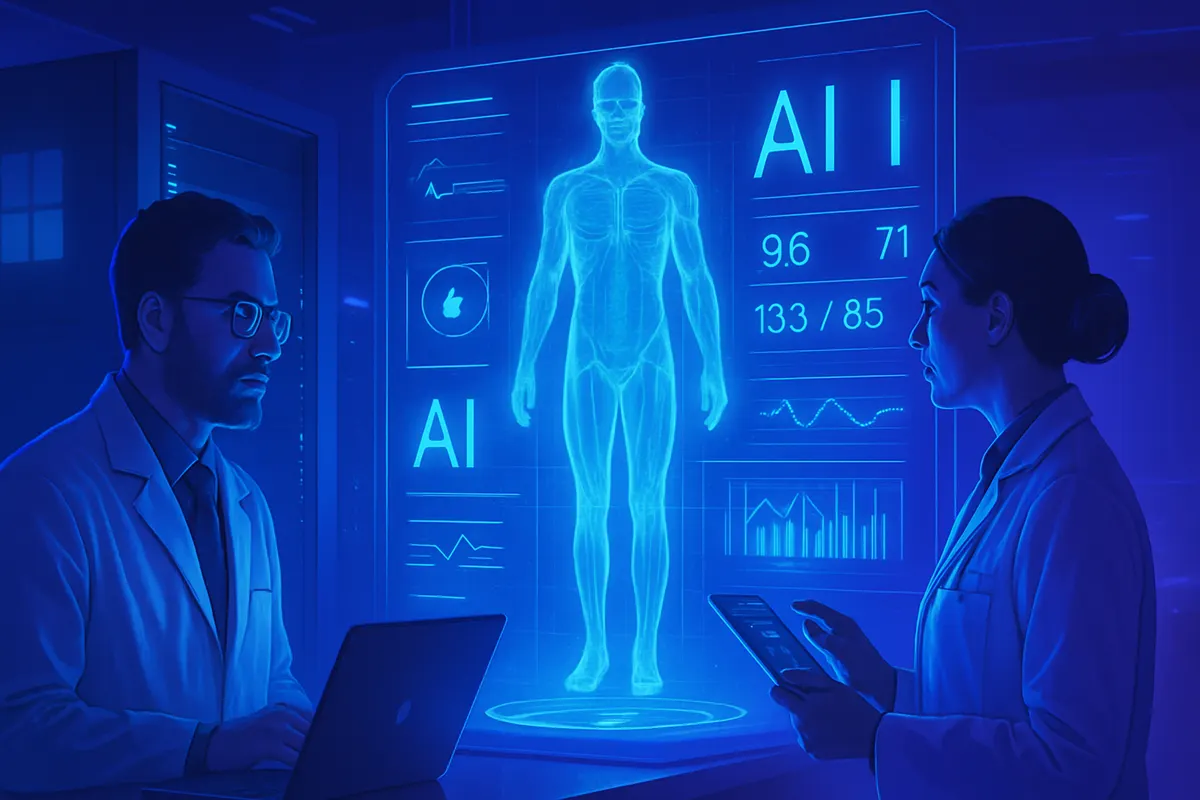 Deux soignants examinent un outil de diagnostic assisté par IA dans une salle de consultation.