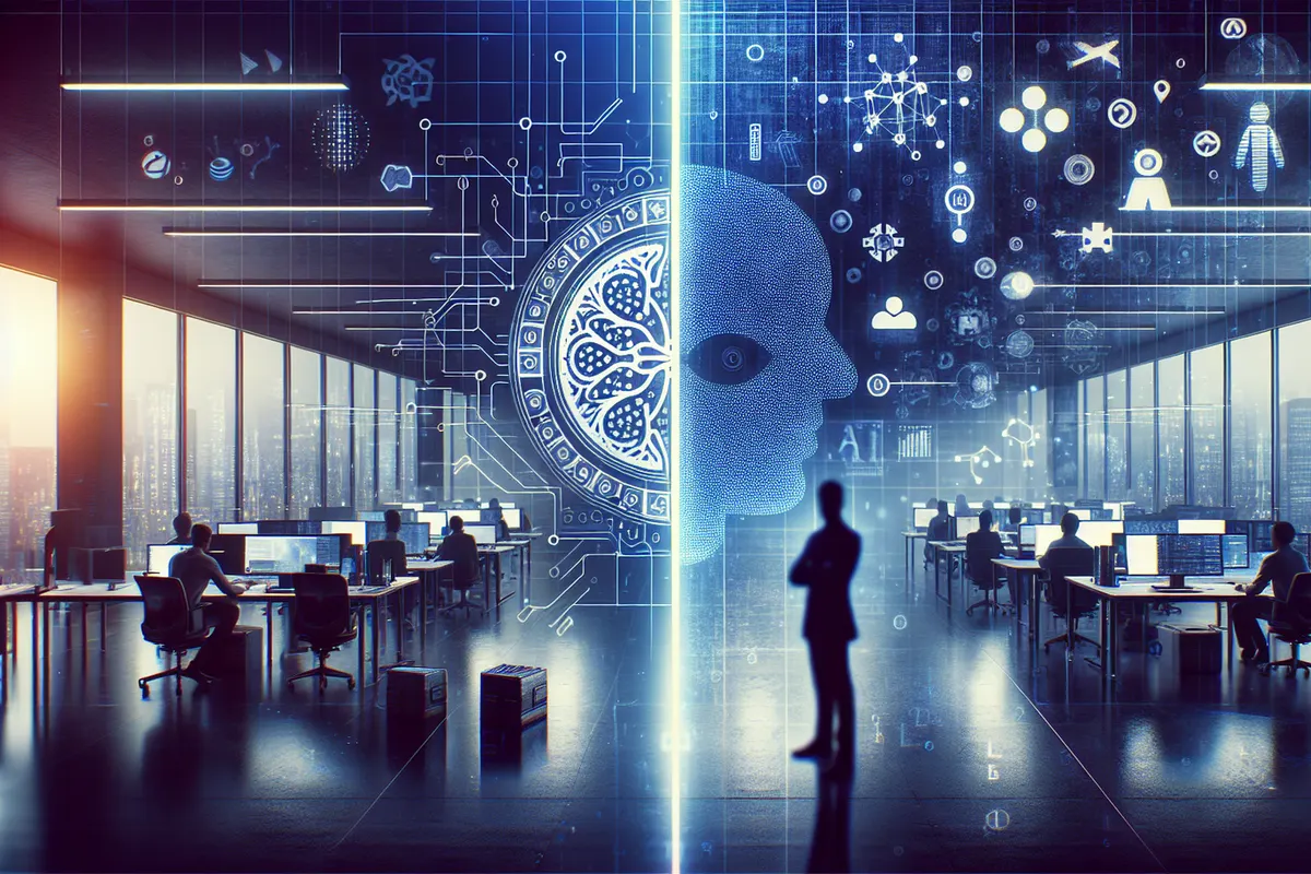 Des ingénieurs et dirigeants face à des serveurs illustrant les tensions entre un laboratoire d’IA et un fournisseur de cloud.