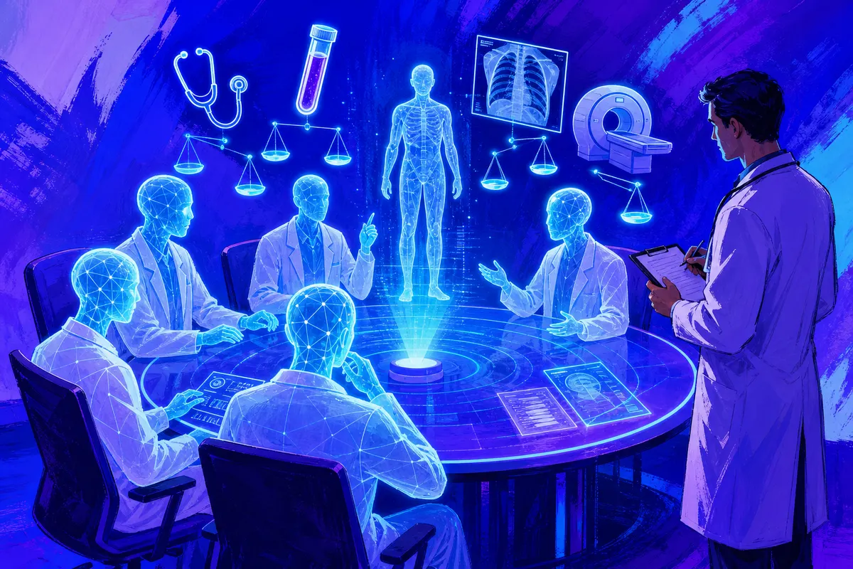 Illustration de médecins virtuels lumineux débattant autour d’un patient holographique, observés par un médecin